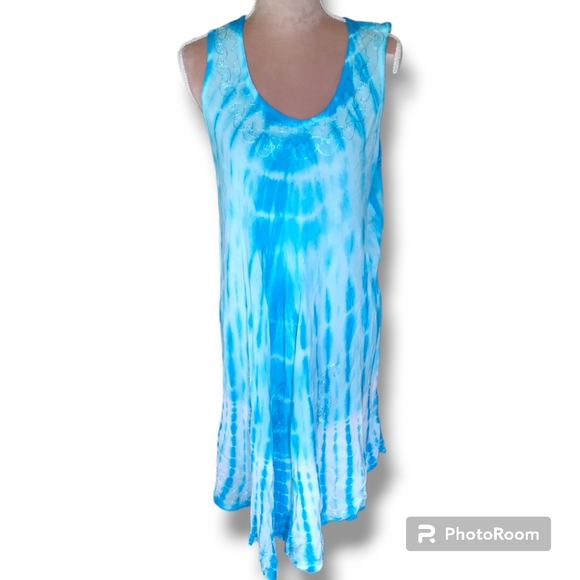 🆕 BEAUTIFUL TURQUOISE/WHITE MIDI FLOWY COVER-UP DRESS SIZE OS🆕 - Picture 1 of 12